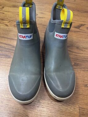 XTRATUF men’s Gray Ankle Deck Boots with Yellow Pull Tabs